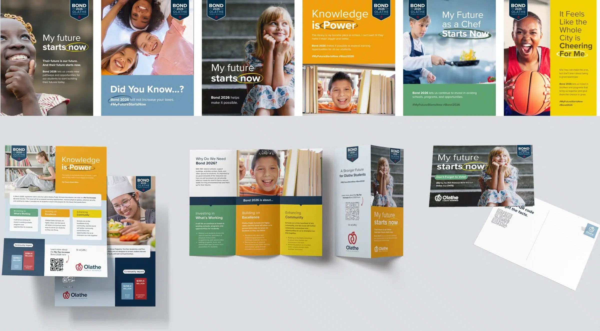 Olathe Public Schools Bond 2026 campaign socials, flyer, brochure, and postcard mockups